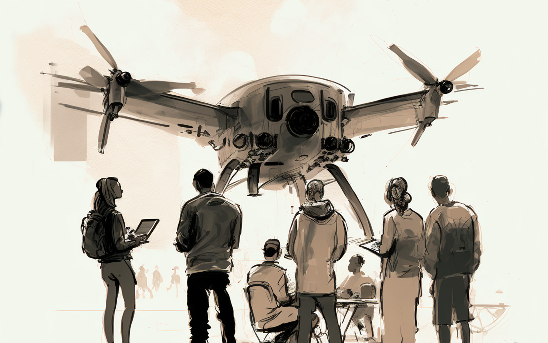 Un'immagine disegnata di persone in piedi intorno a un multicottero e che lavorano su di esso