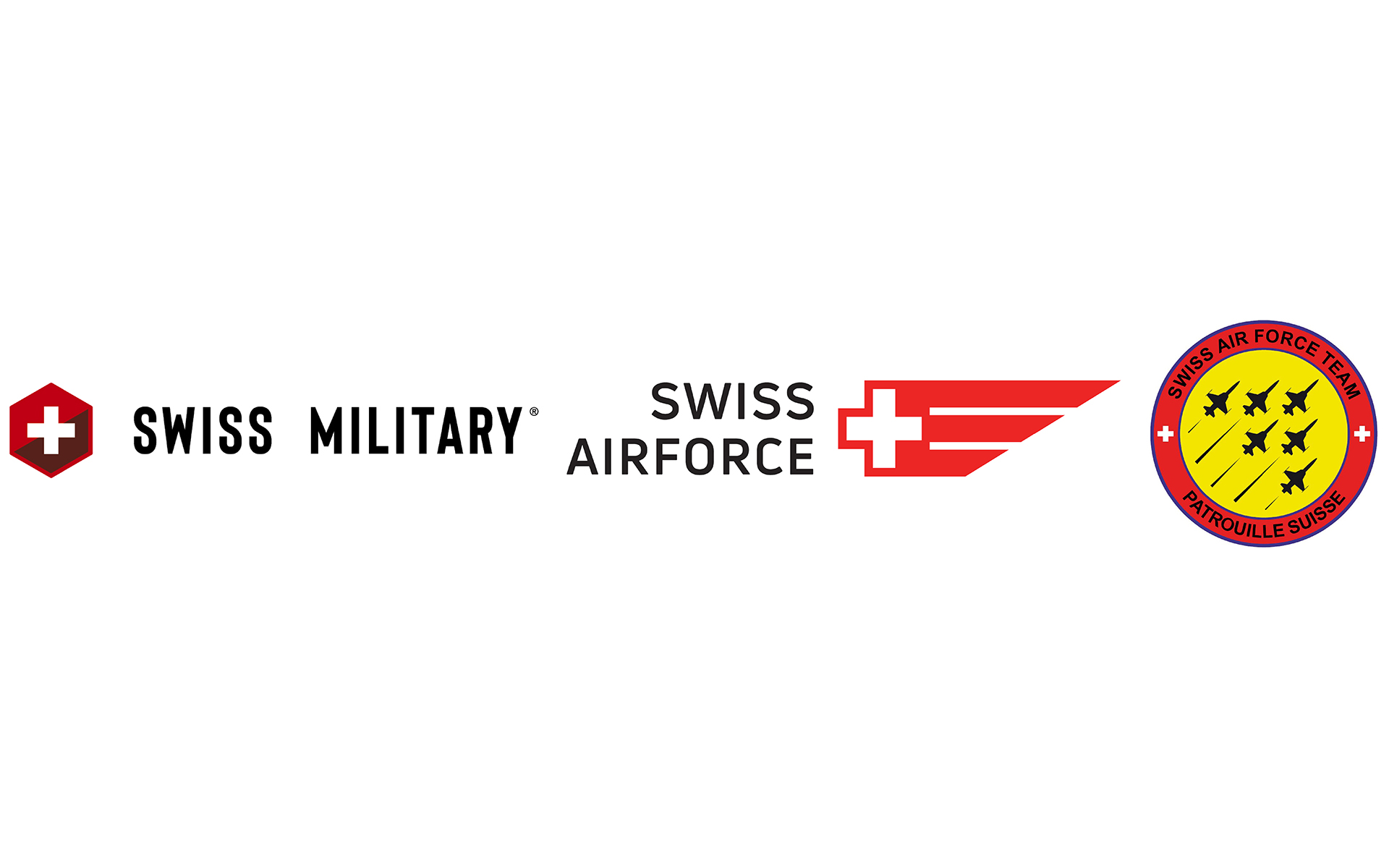 I loghi dell'esercito svizzero, dell'aeronautica militare svizzera e della Patrouille Suisse