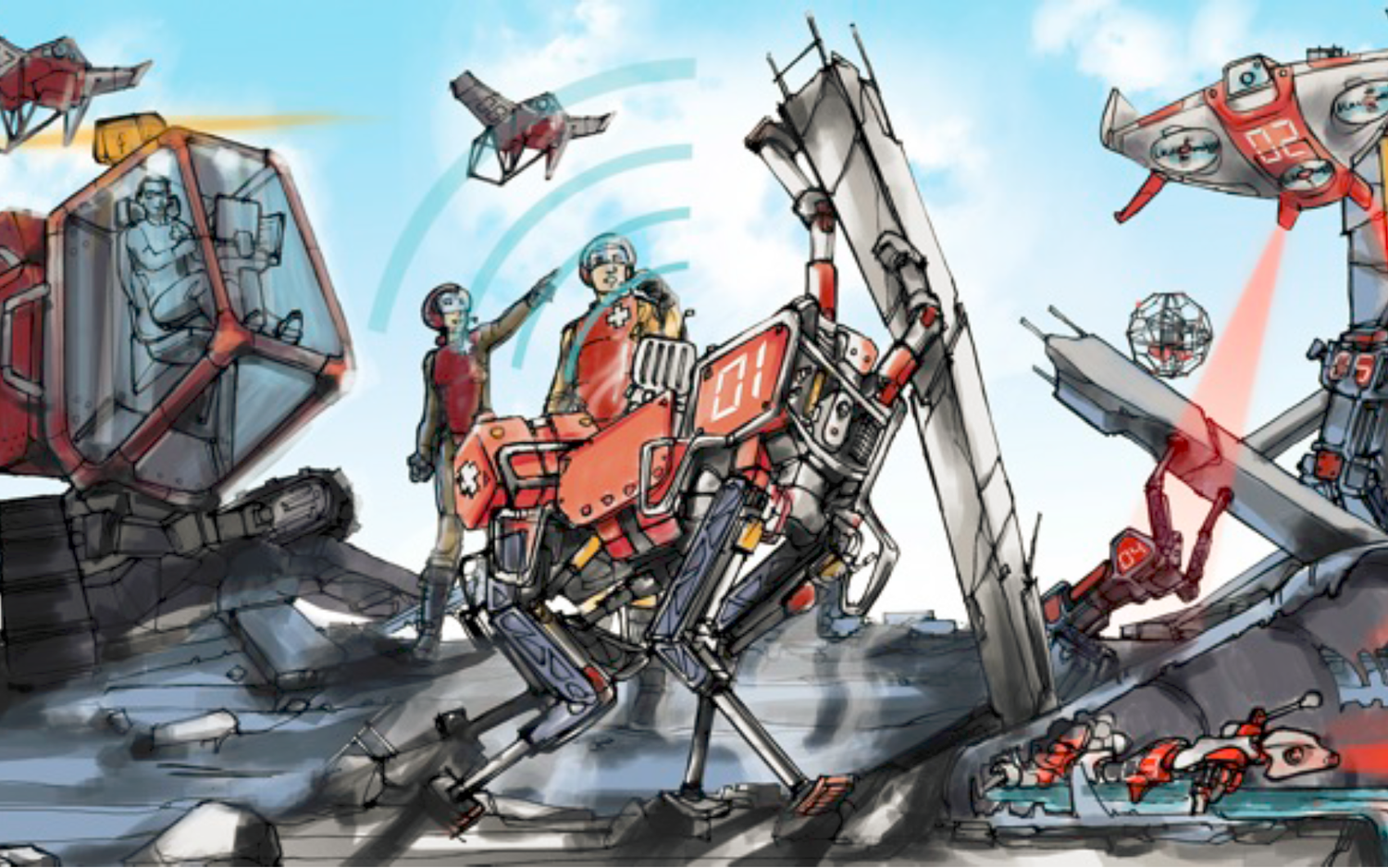 Graphic of the future with various robots in rescue operations
