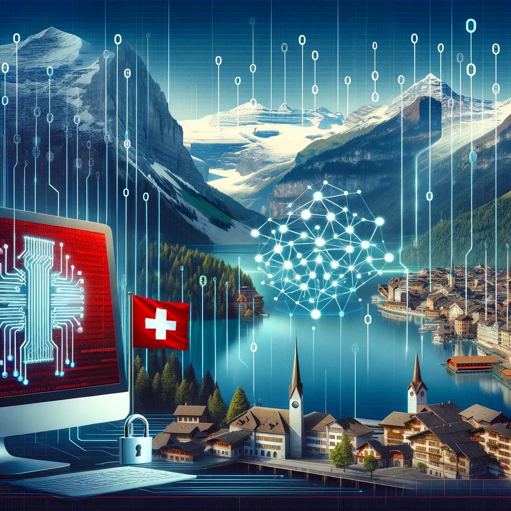 A fusion of Swiss alpine scenery with advanced digital technology symbols