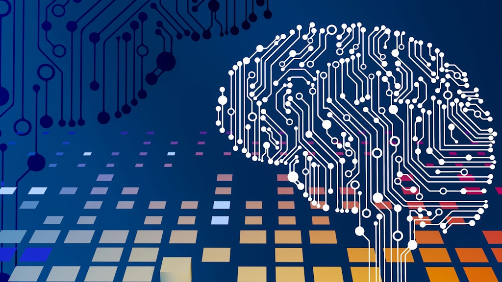White brain consisting of data points against a blue background and coloured squares