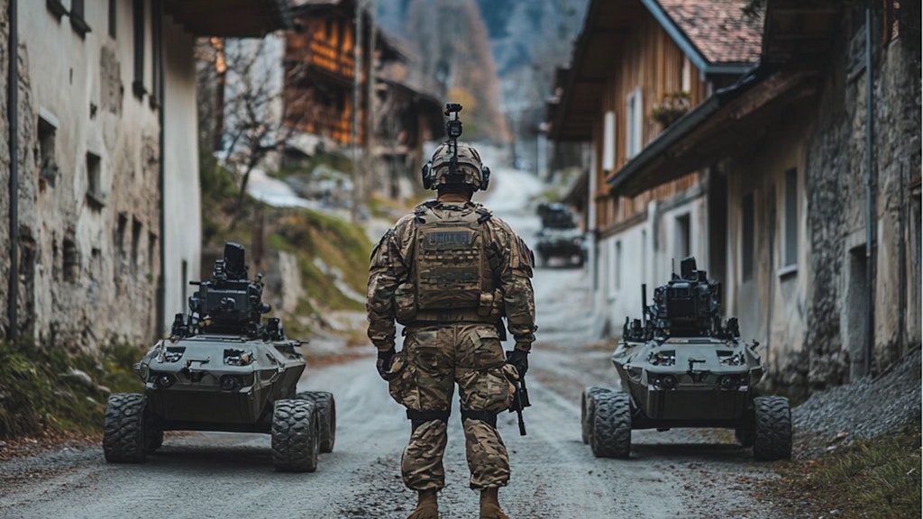 Un soldat se tient sur une route de village dans les montagnes.