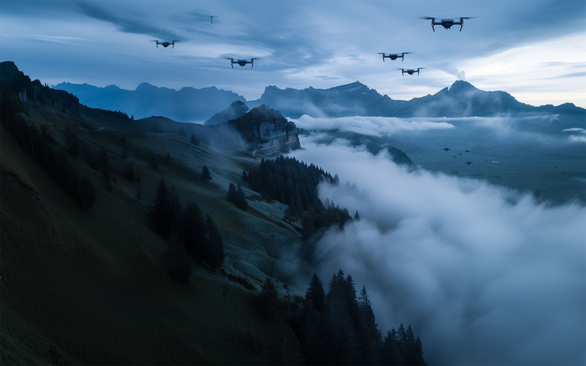 A swarm of drones flies over a mountain range, it is foggy in the valley.