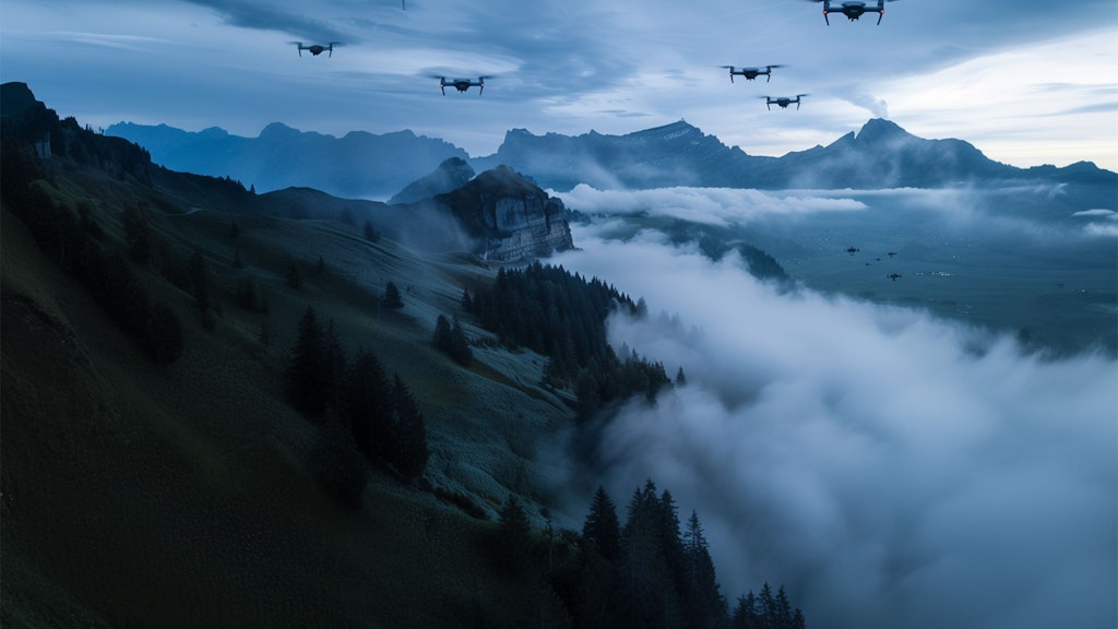 A swarm of drones flies over a mountain range, it is foggy in the valley.