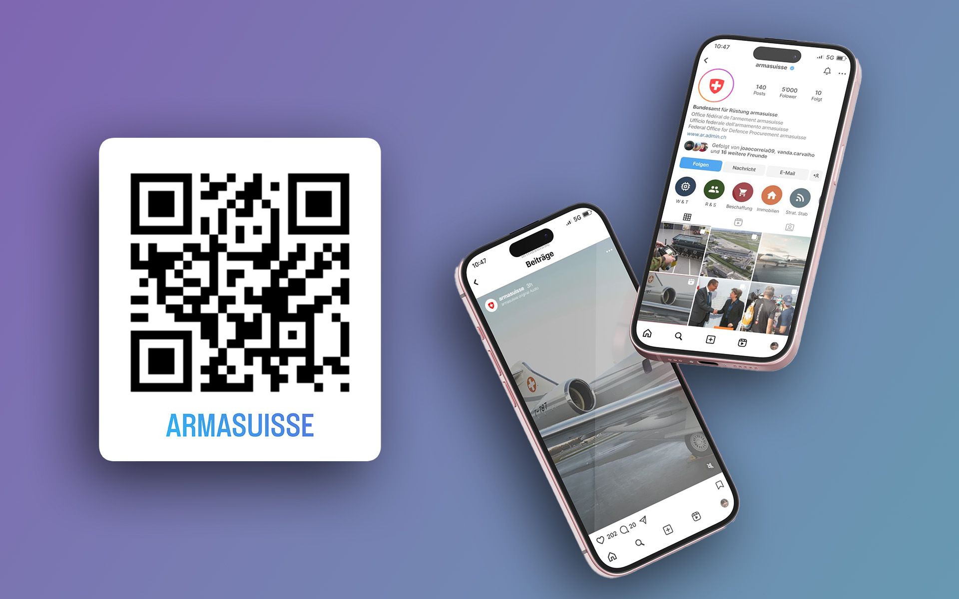 Zwei Bilder von armasuisse Instagram inkusive QR-Code auf den Account.