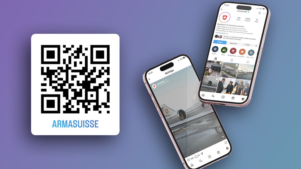 Zwei Bilder von armasuisse Instagram inkusive QR-Code auf den Account.
