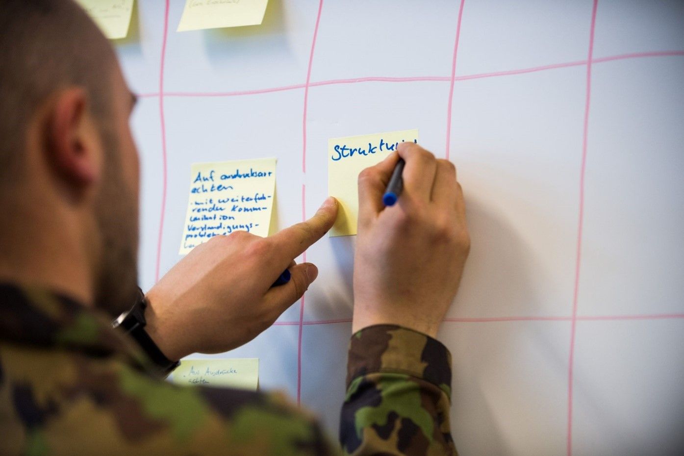 Soldier writing on a post-it note 