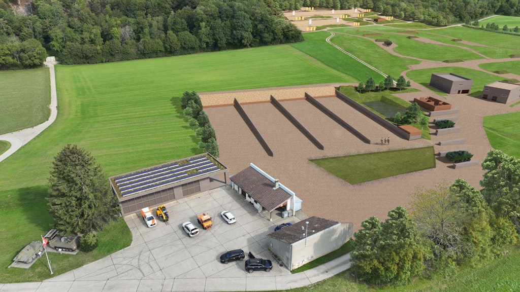 Vue supérieure du bâtiment rénové et des nouvelles box de tir à courte distance