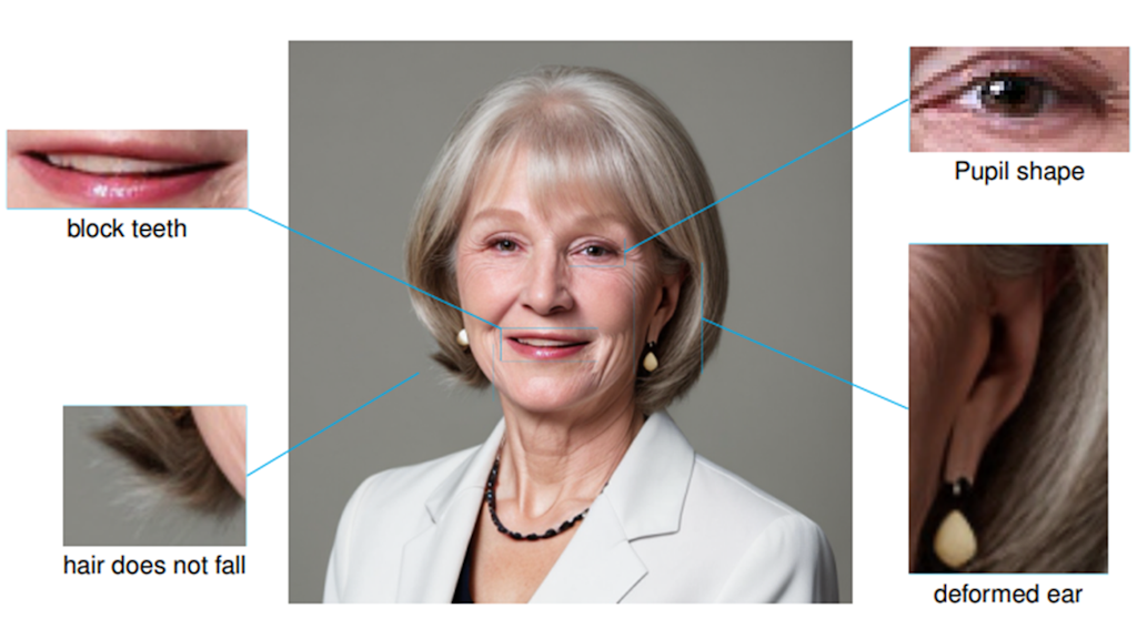 Synthetic portrait of a woman with small irregularities on the left eye, the hair, the teeth and the shape of the left ear.