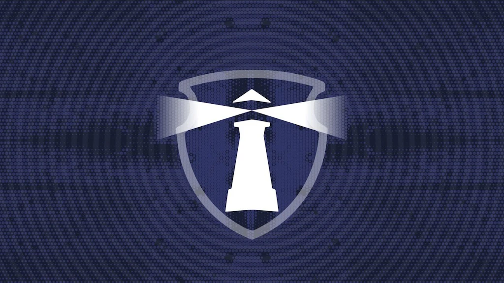Le logo Deftech : un phare émet des signaux lumineux dans deux directions