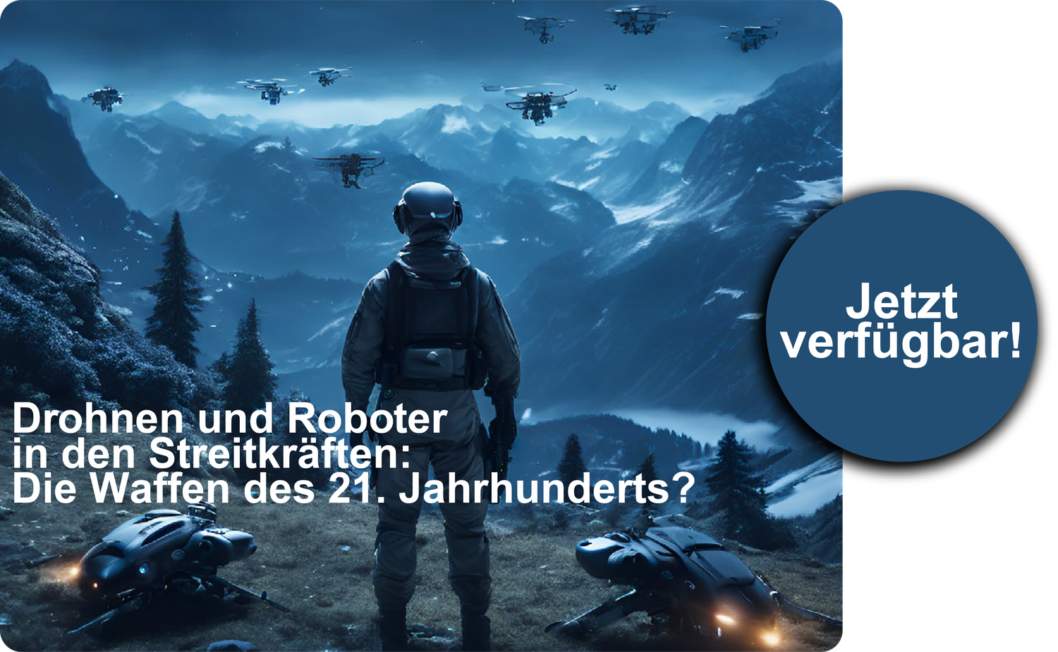 Ein Soldat blickt über ein Tal in die Ferne. Im Tal fliegen Drohnen herum.