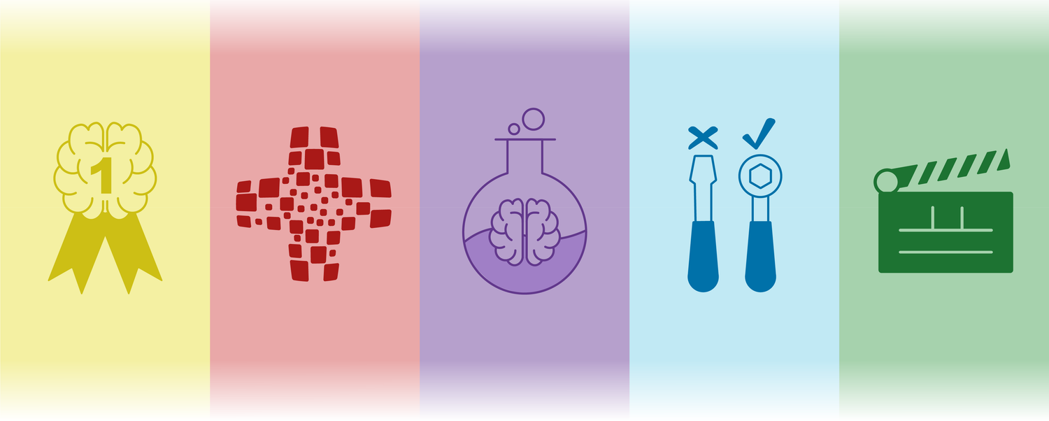 Fünf verschiedene Icons in jeweils unterschiedlichen Farben sind auf dem Bild zu sehen.