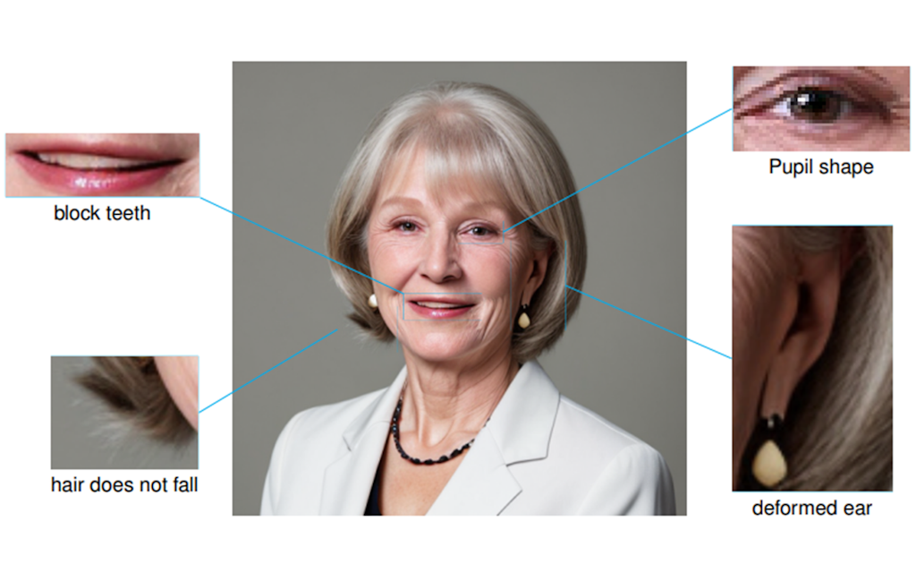 Synthetisches Portrait einer Frau mit kleinen Unregelmässigkeiten am linken Auge, an den Haaren, den Zähnen und an der Form des linken Ohres.