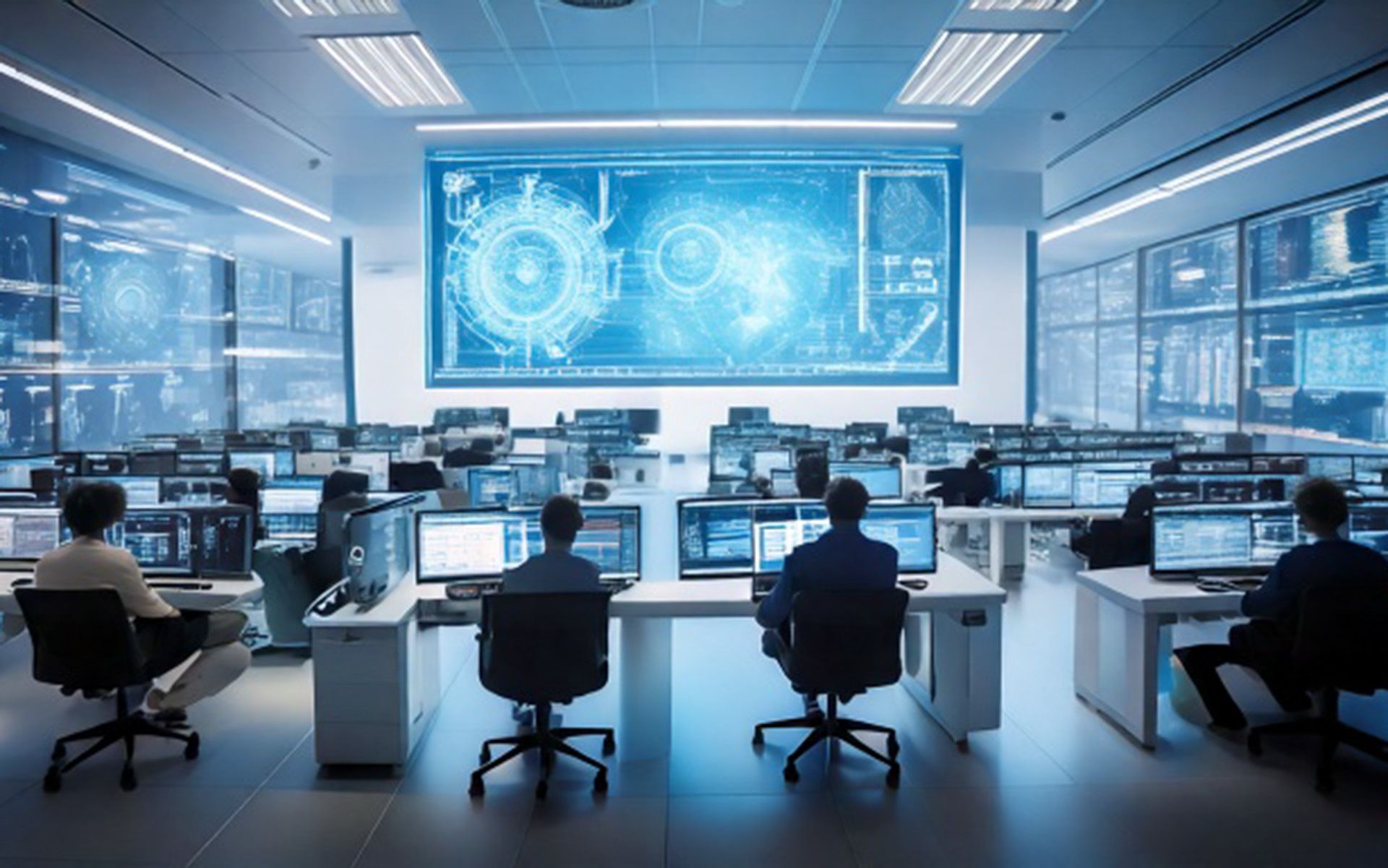 Eine Illustration von einem Raum in welchem viele Büros mit Personen stehen und ein grosses digitales Dashboard an der Wand hängt.