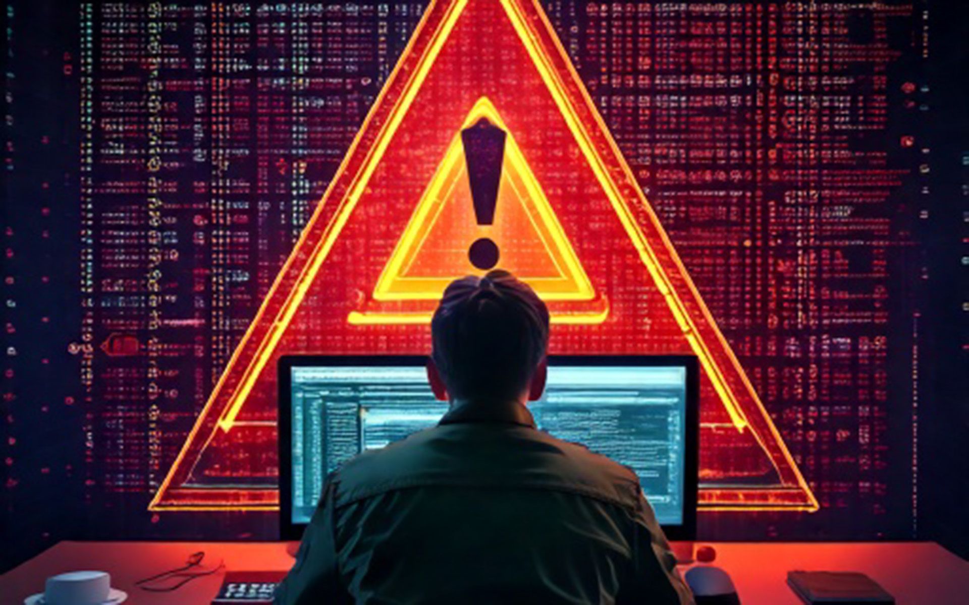 Eine Person sitzt an ihrem Computer und vor ihr steht ein grosses digitales Warnzeichen.
