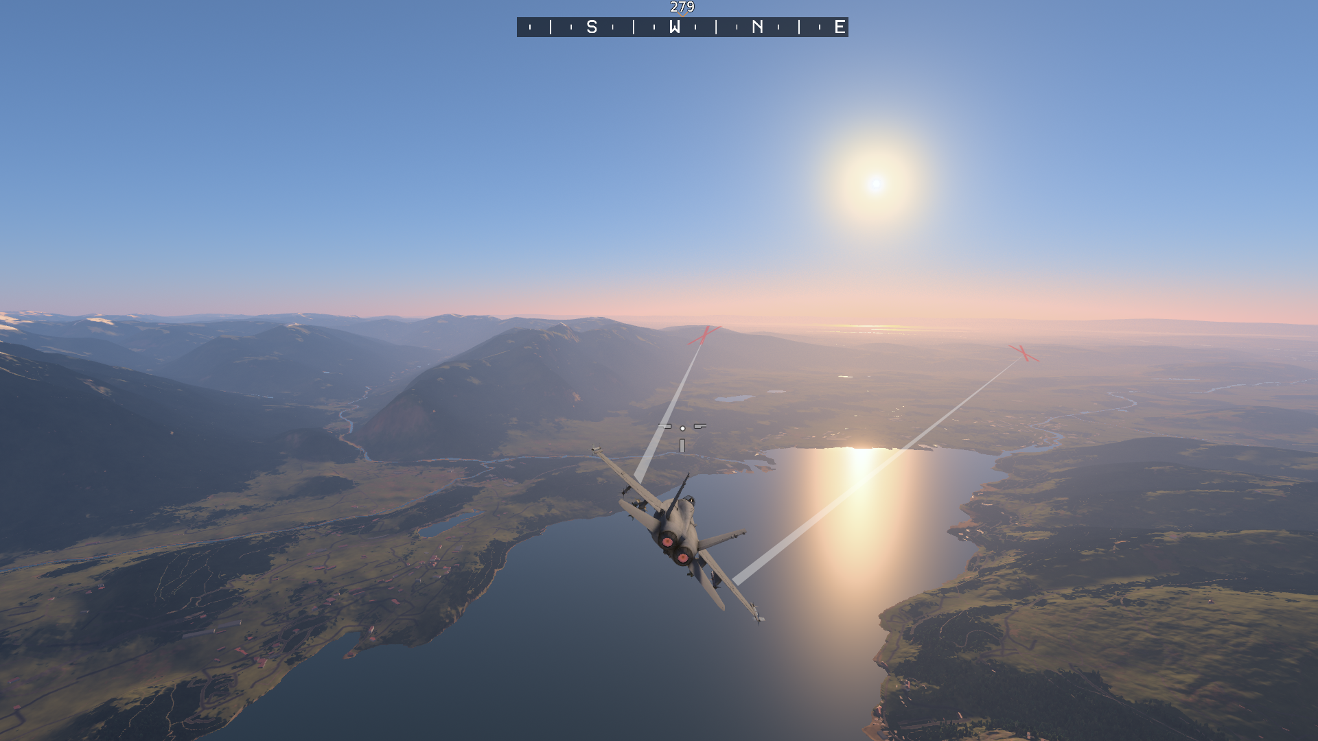 Simulation von einem F/A-18, welcher über den Thunersee fliegt