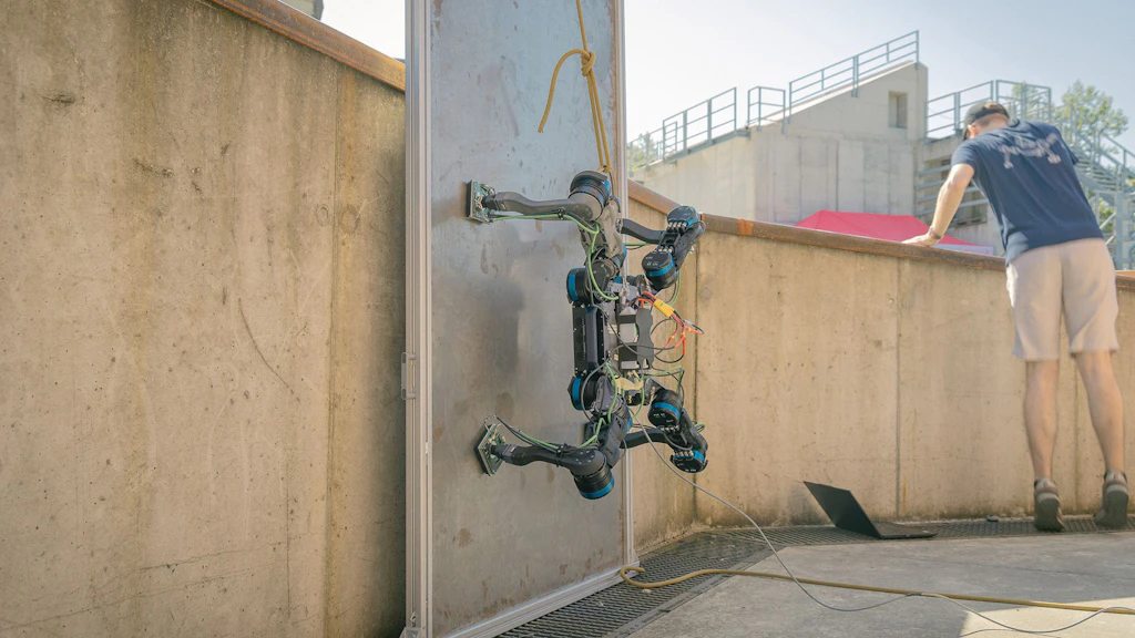 Das Forschungsteam Magnecko der ETH Zürich testet ihren Kletterroboter