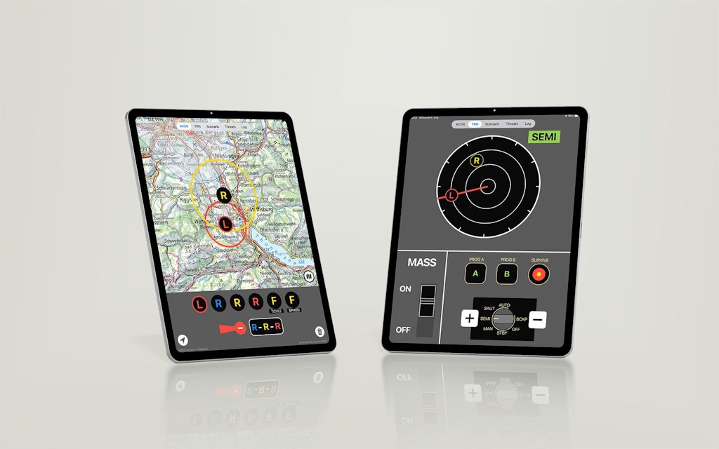 Zwei Tablets sind abgebildet: Auf dem einen ist eine Landeskarte zu sehen und auf dem anderen ein Radar.