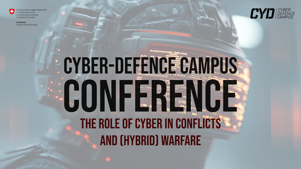 Helm eines Soldaten und Schriftzug «CYD Campus Conference – The Role of Cyber in Conflicts and (Hybrid) Warfare”