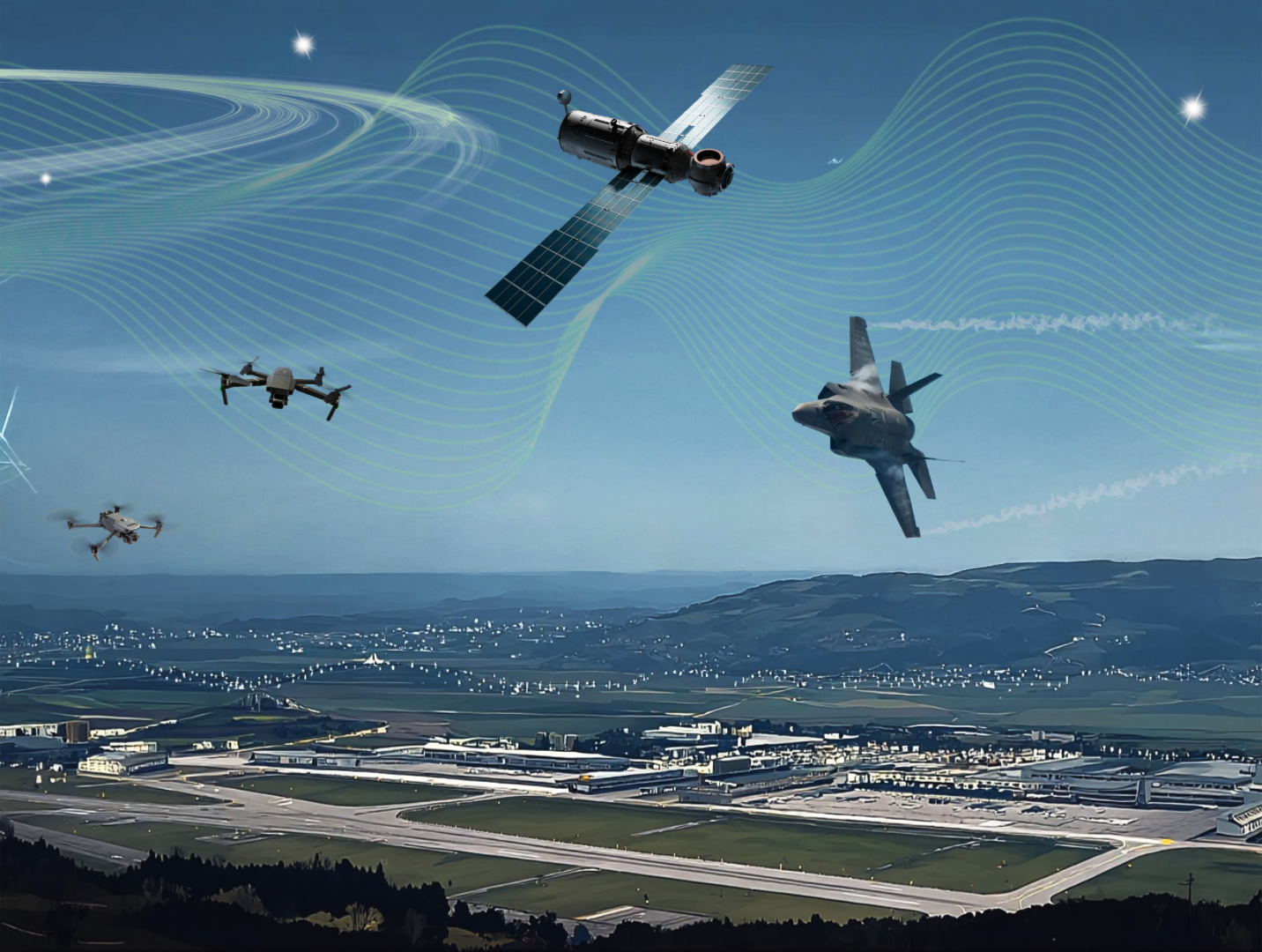 COREB Symbolbild mit einem F-35, diversen Drohnen und Satelliten