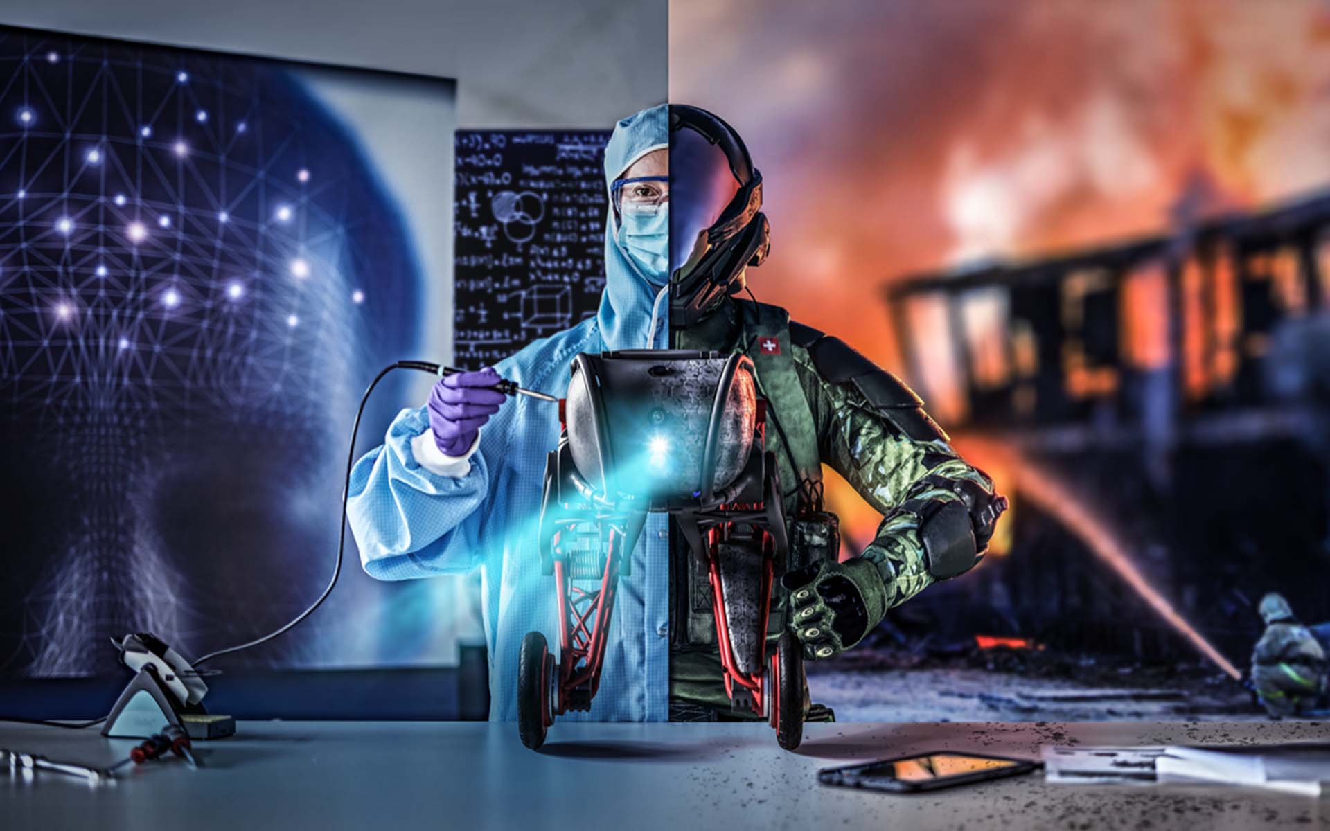 A person divided in the middle into a laborate and enem soldier