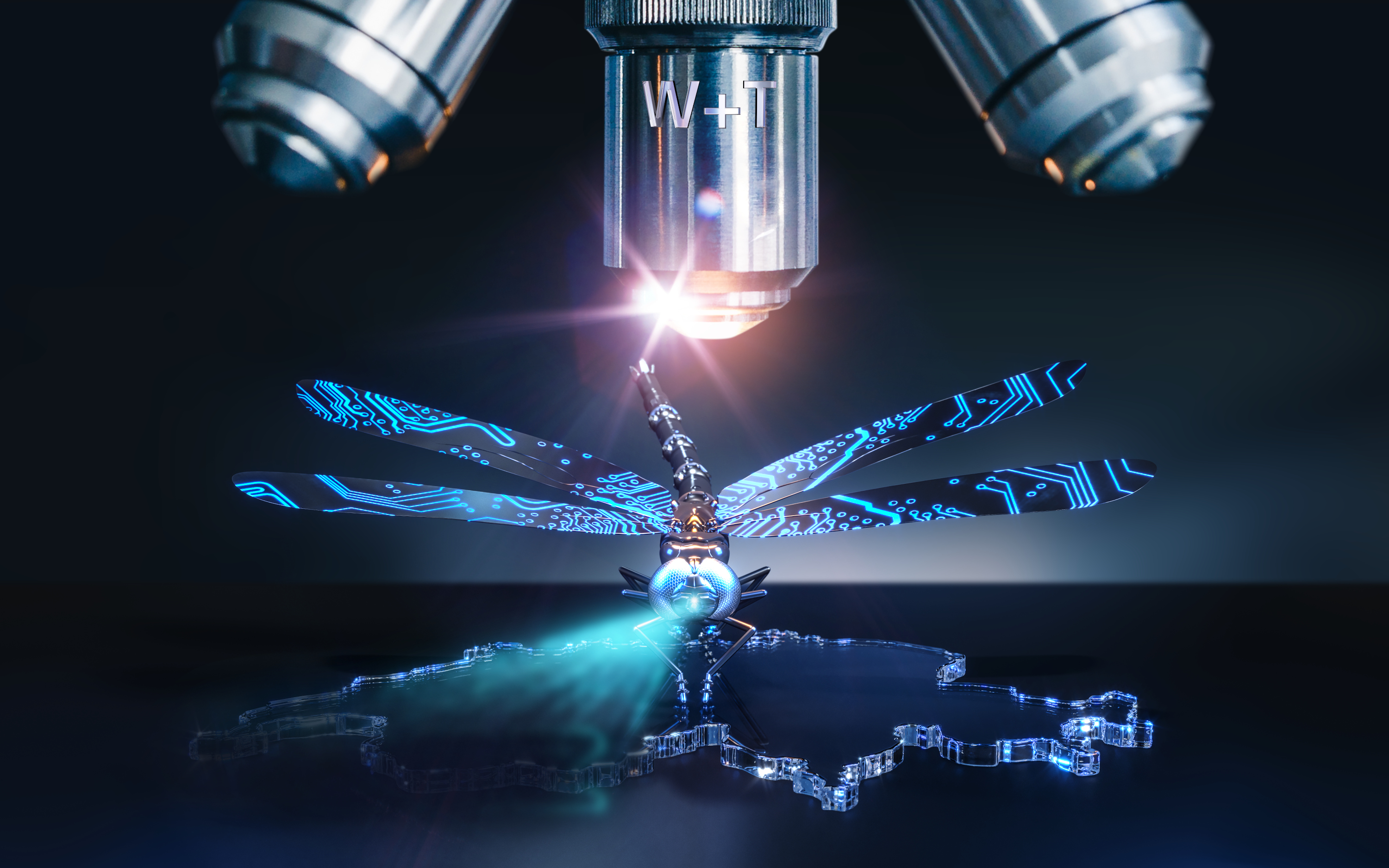 A futuristic dragonfly stands under a microscope with W+T engraved on it. The dragonfly stands on a glass with the contours of Switzerland.
