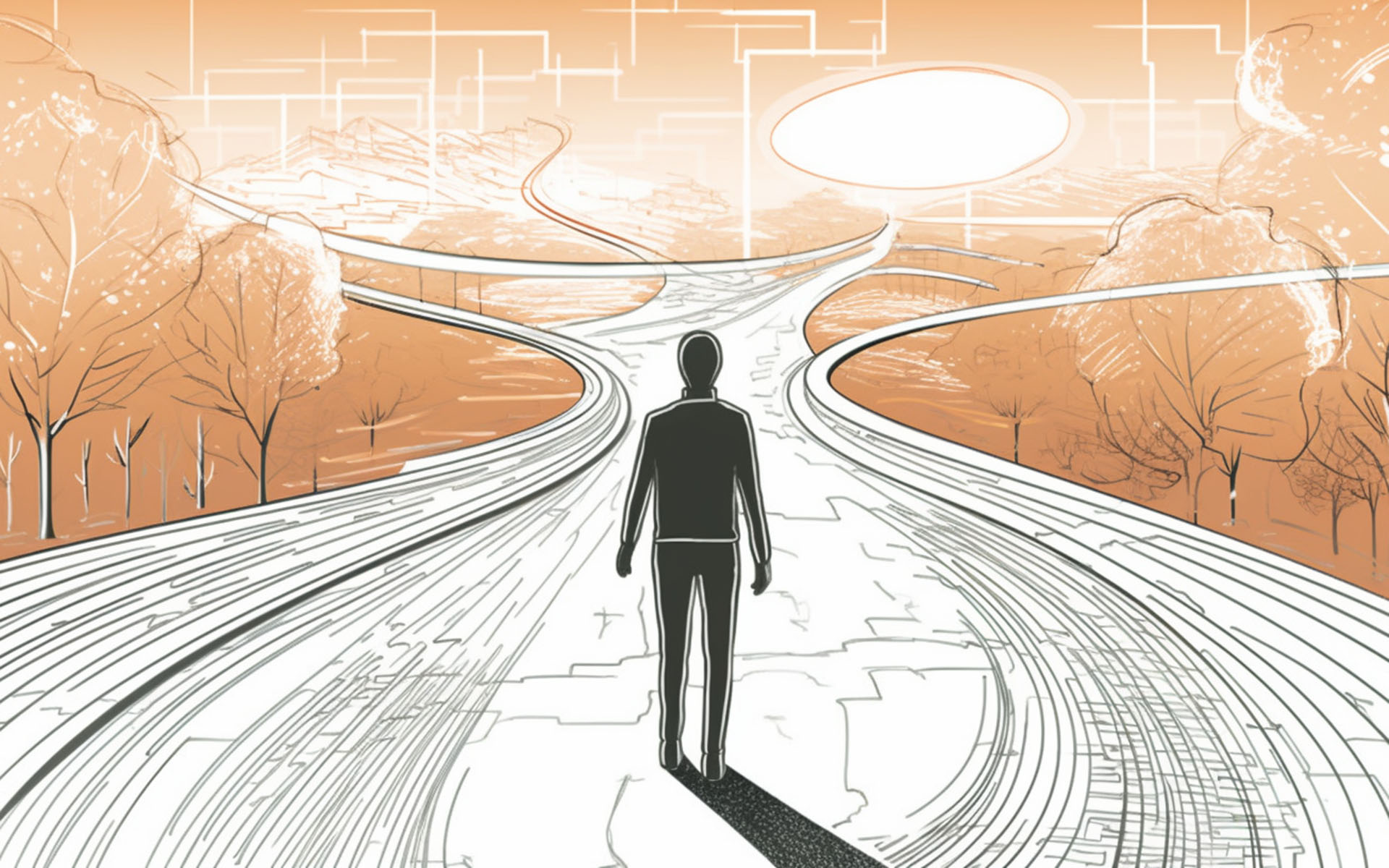 A person is at the crossroads of five different paths.