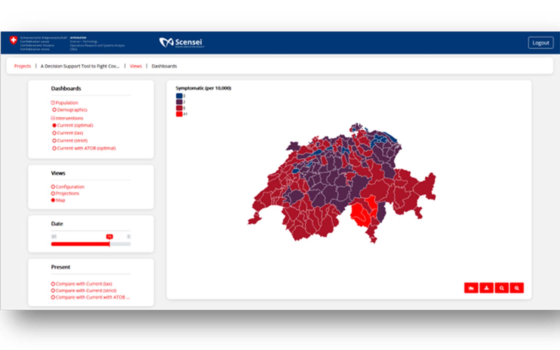 Screenshot of the SimCo-19 web application. Forecast of the number of symptomatic and asymptomatic infected, deceased and recovered persons per district and canton.