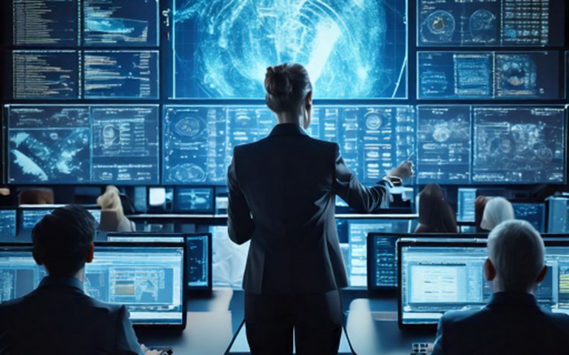 A woman stands in the middle of a busy command center, and everyone is looking at a large digital dashboard in front of them.