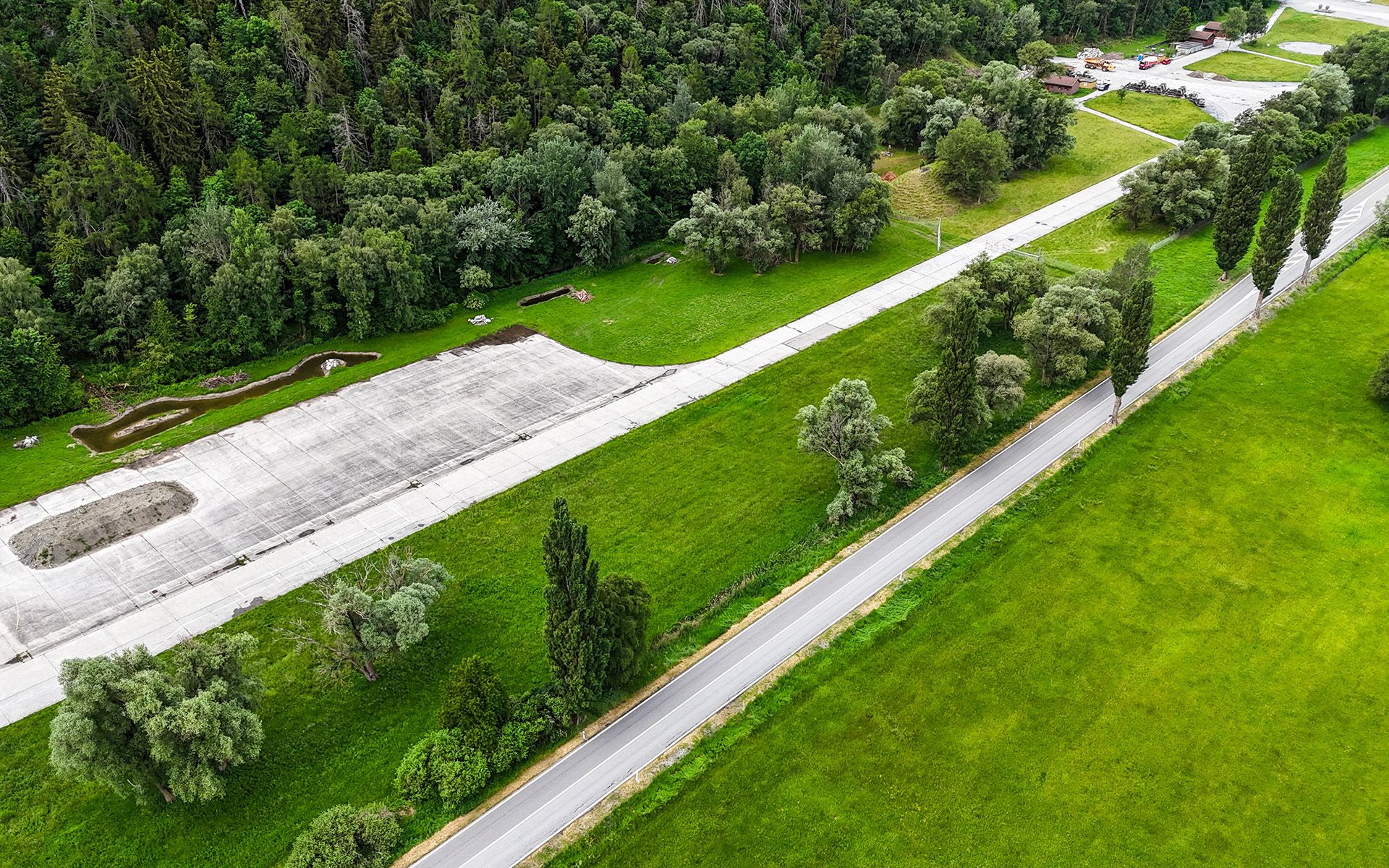 Aerial view looking towards the Turtmann training area. Three of the newly created wetlands and the excavation material are visible. 
