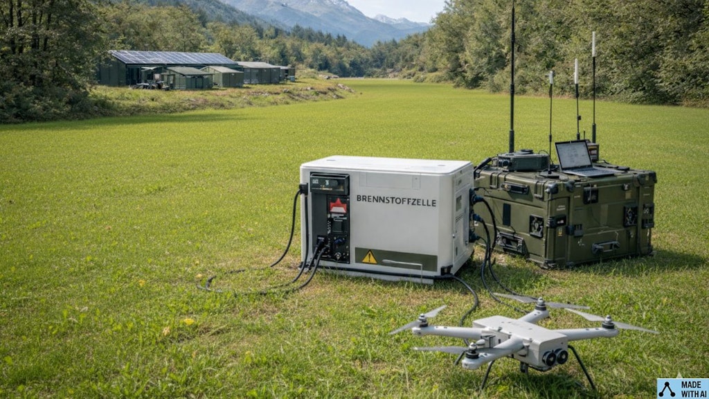 Mobile fuel cell and military communication module with antennas on a meadow; in the foreground a drone, in the background a building with solar panels in an alpine setting.