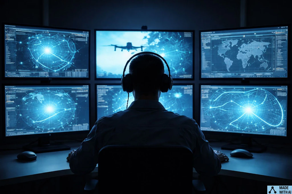 AI-generated image of a person in front of several screens