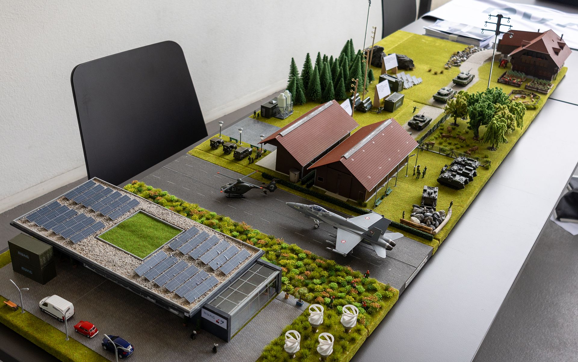 Self-sustaining military training area: A miniature model of a military training area.