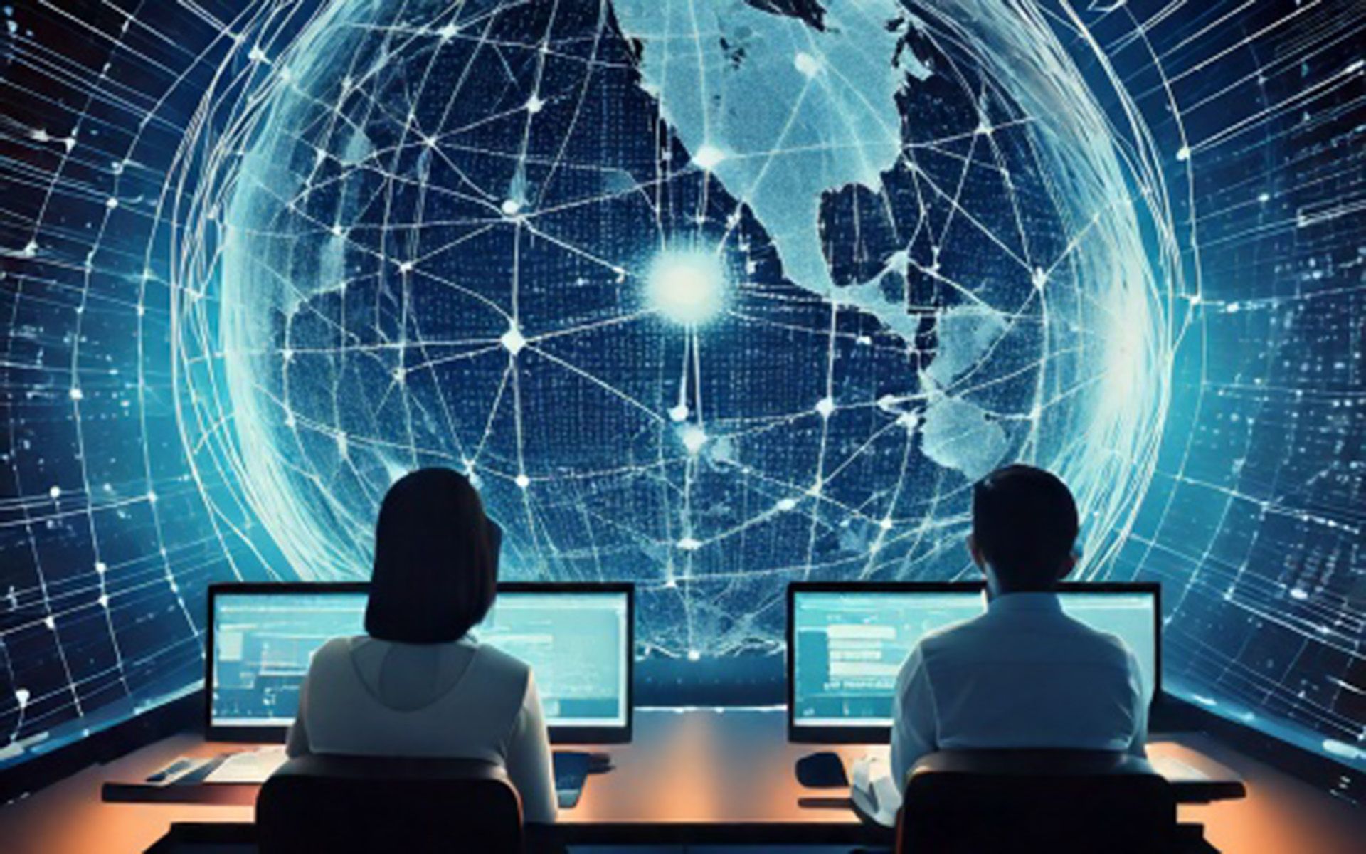 Two people are sitting at their laptops and looking at a large globe in shades of blue consisting of digital connections.