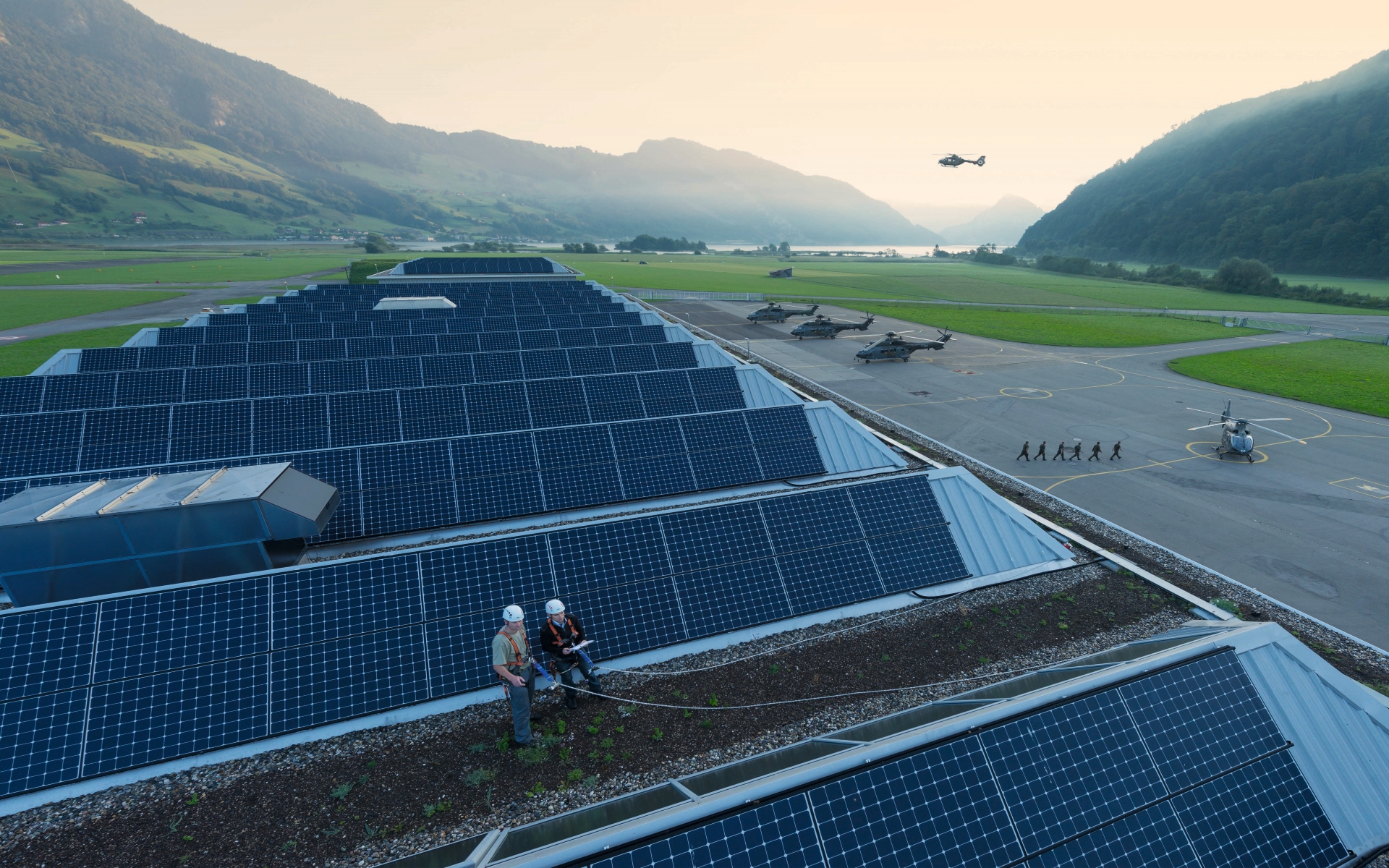 Roof with solar cells on a military airfield.