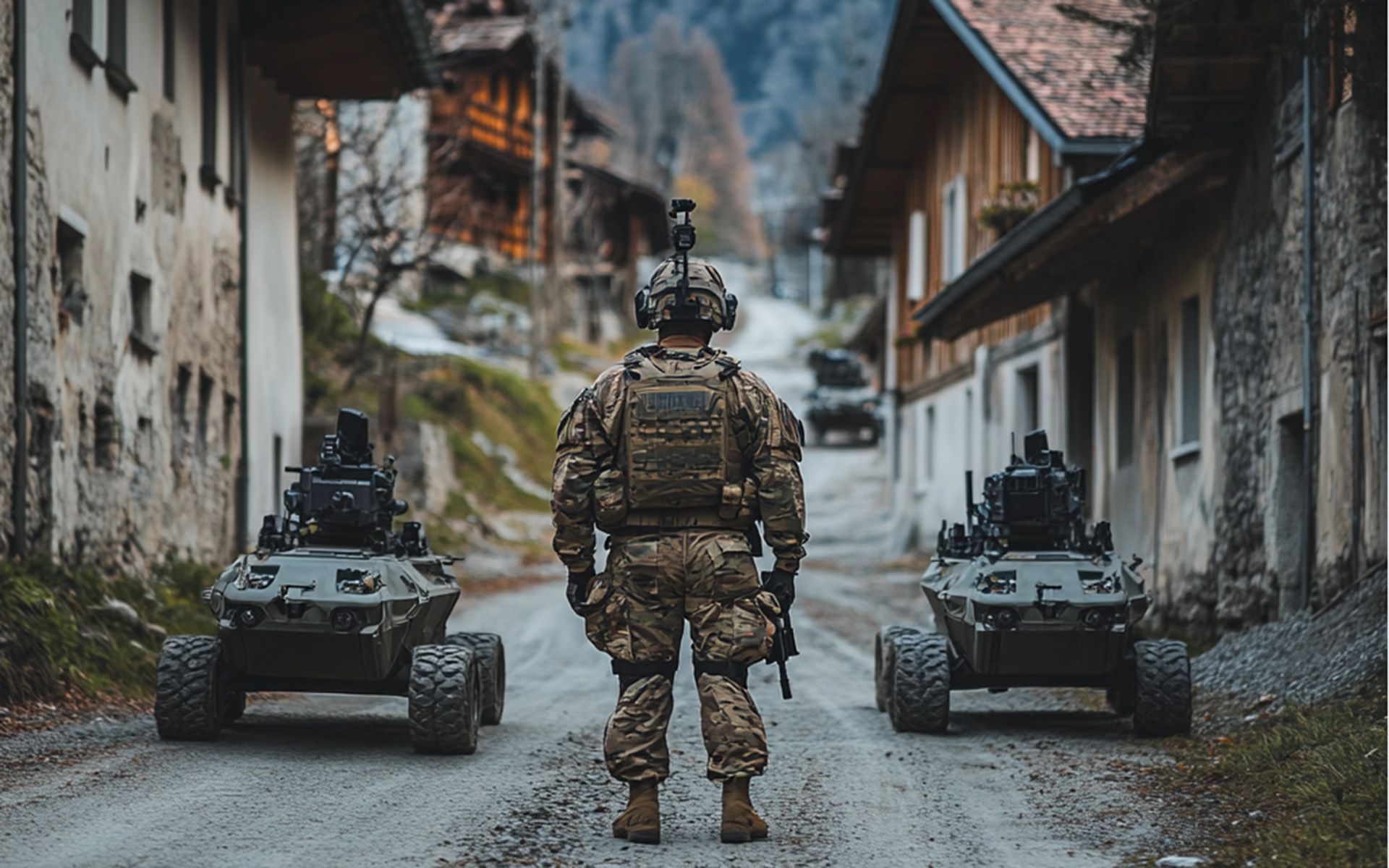 Soldier standing on a village street in the mountains.