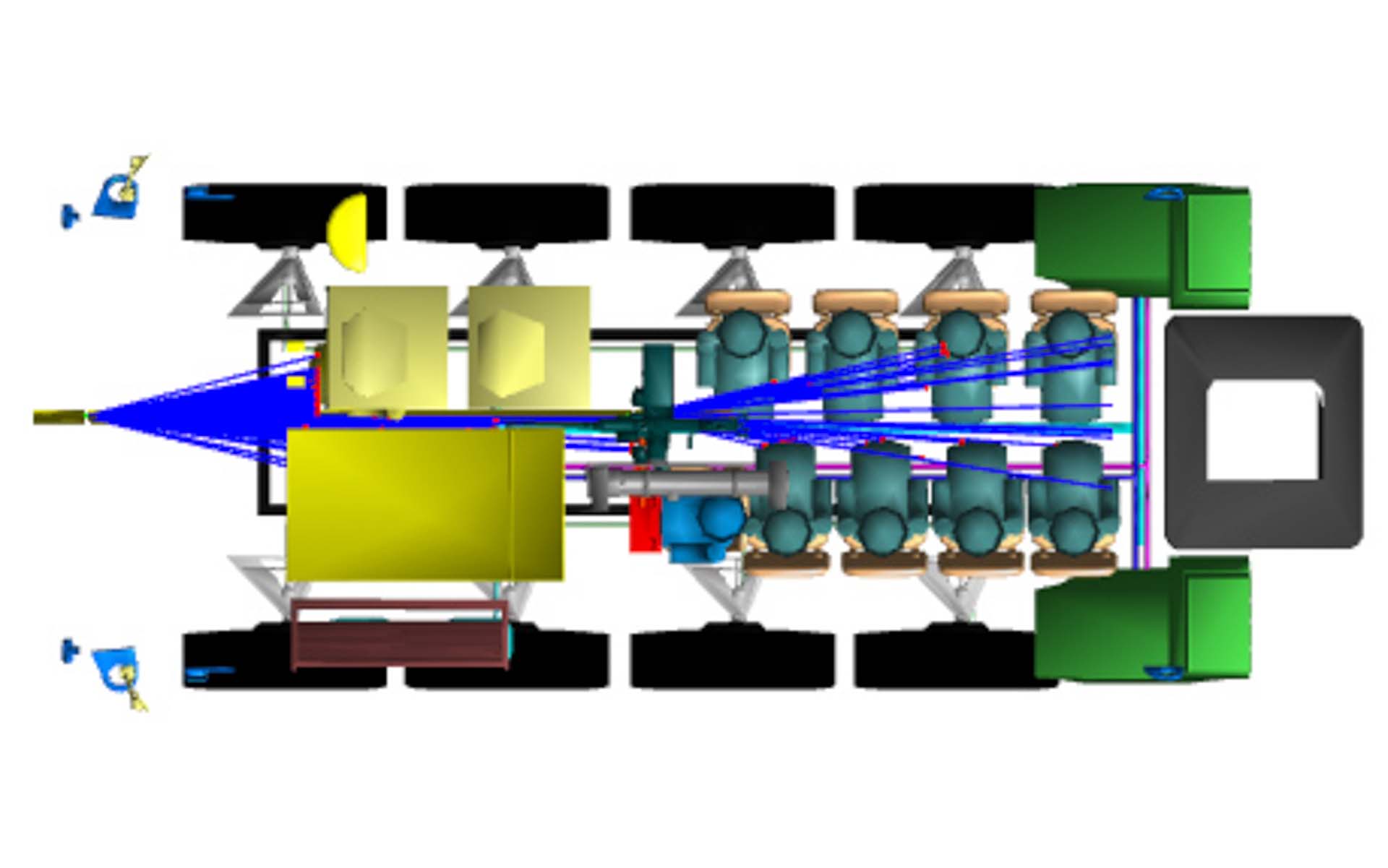 Simulation of a strike in a crew vehicle, which shows the fragmentation effect inside the vehicle.