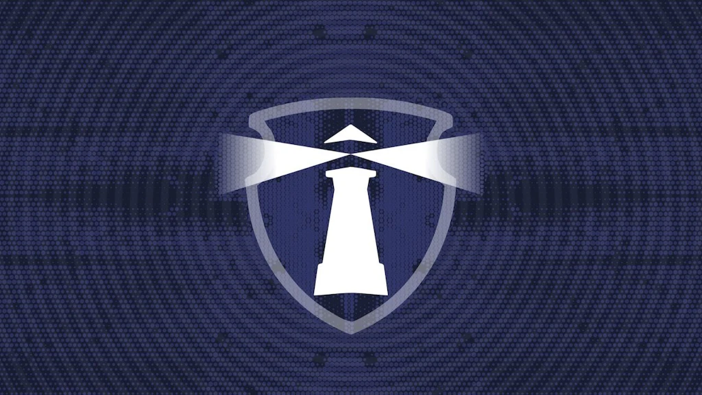 The Deftech logo: A lighthouse sends light signals in two directions