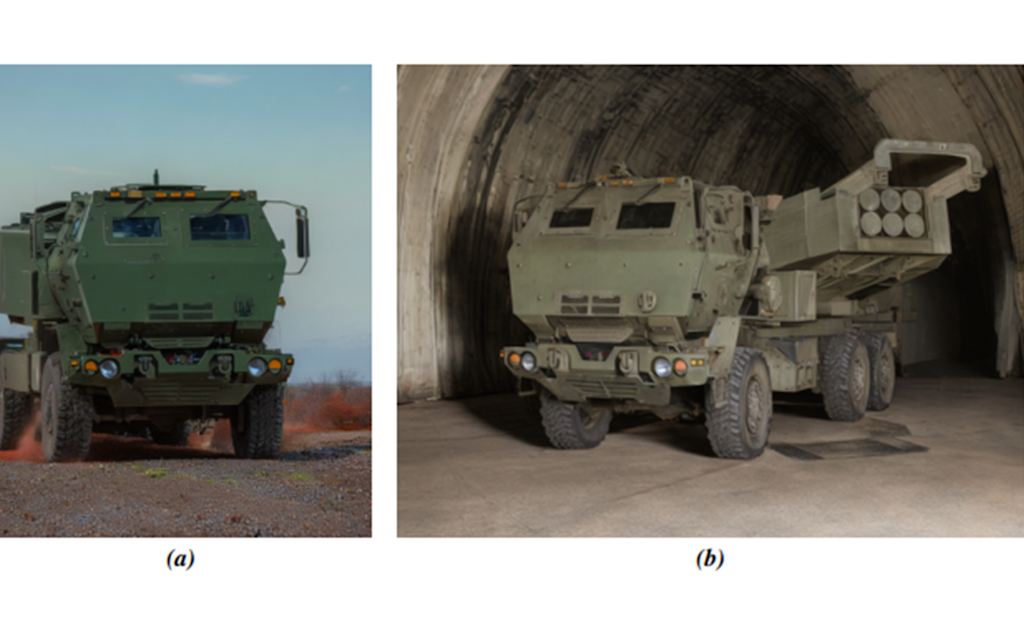 Synthetic images of HIMARS vehicles. Both images were generated using ControlNet, where the edge structures of real images served as templates. Image (A) was generated by the prompt «Photo of a HIMARS vehicle on a gravel road in good weather with blue sky», image (B) by the instruction «Photo of a HIMARS in a large military bunker with clear structures and little light».
