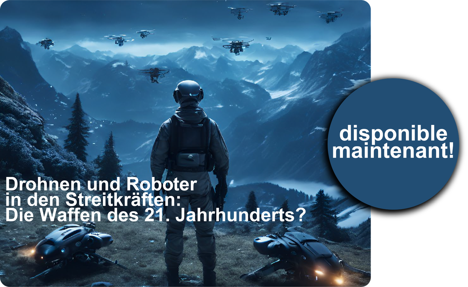 Un soldat regarde au loin au-dessus d'une vallée. Des drones volent dans la vallée.