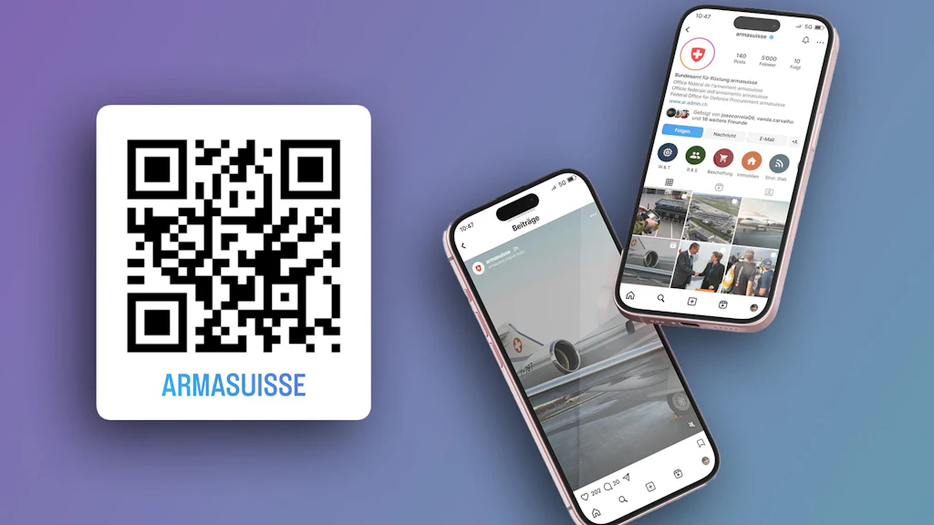 Deux photos d'armasuisse Instagram avec code QR vers le compte.