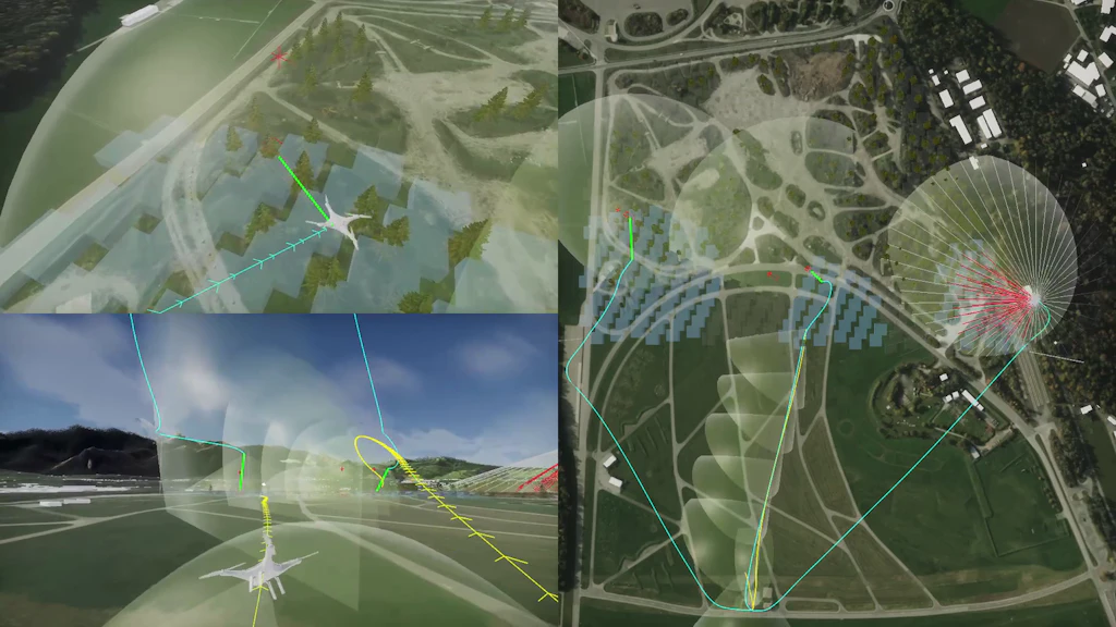 Trois captures d'écran de l'application permettant de simuler des essaims de drones