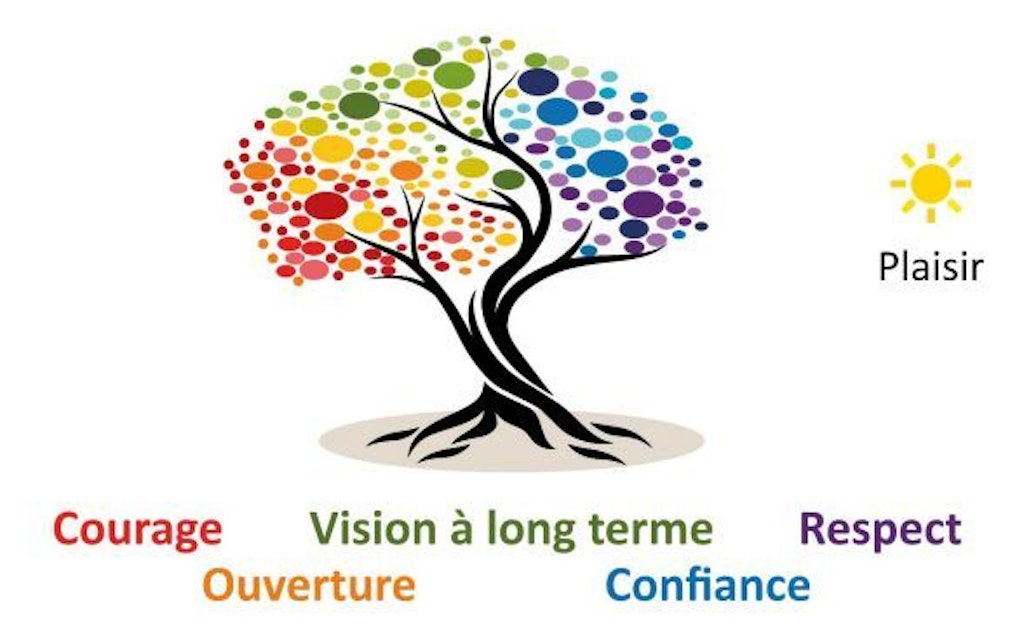 Les cinq valeurs d'armasuisse: Courage, Ouverture, Vision à long terme, Confiance, Respect.