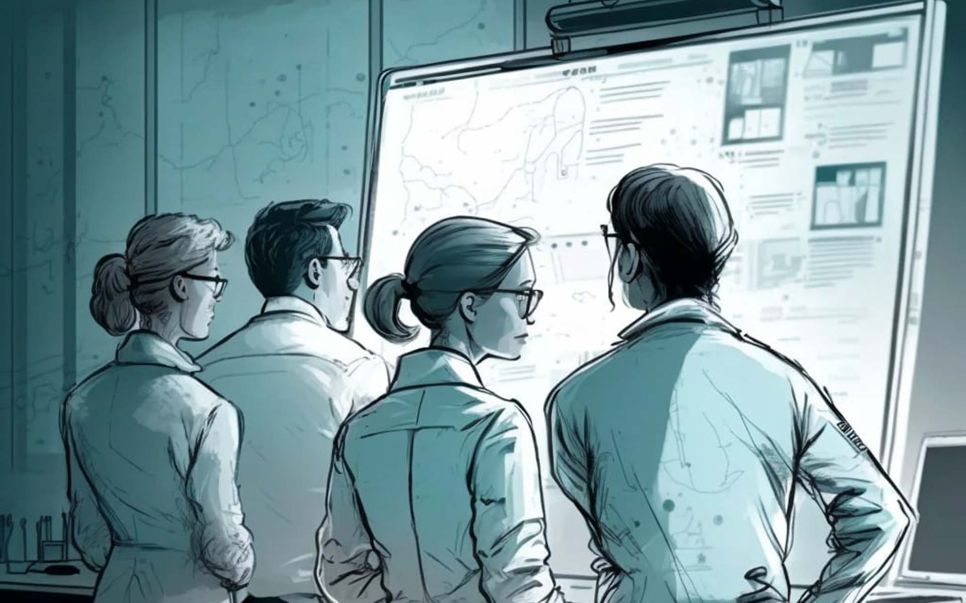 Des scientifiques se tiennent devant un tableau blanc dans une salle obscure