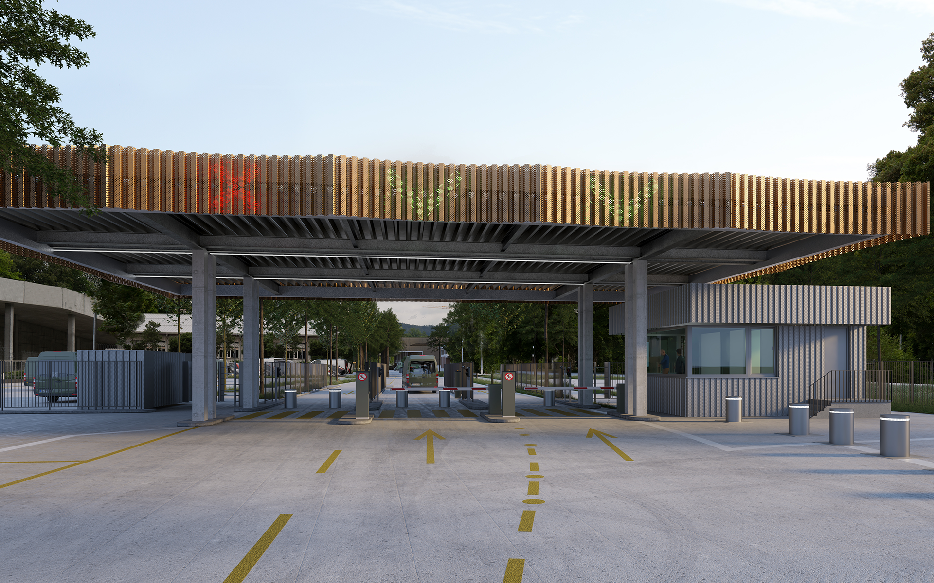 Vue de la toiture du nouveau contrôle d’accès au site