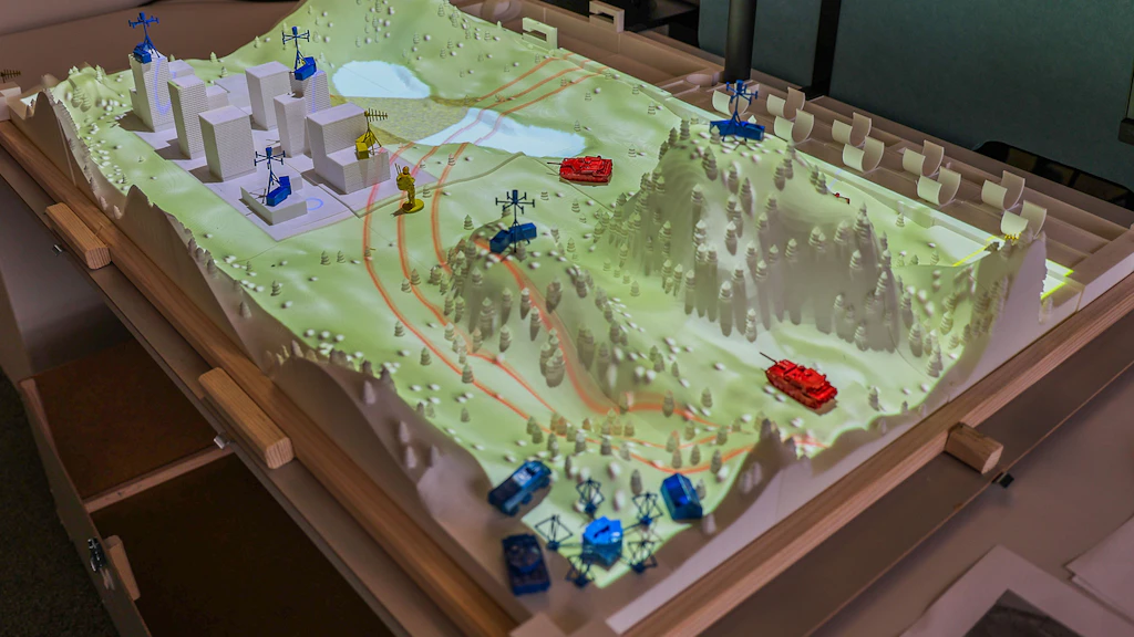 Modèle de terrain du projet avec des capteurs et des brouilleurs qui émettent des signaux