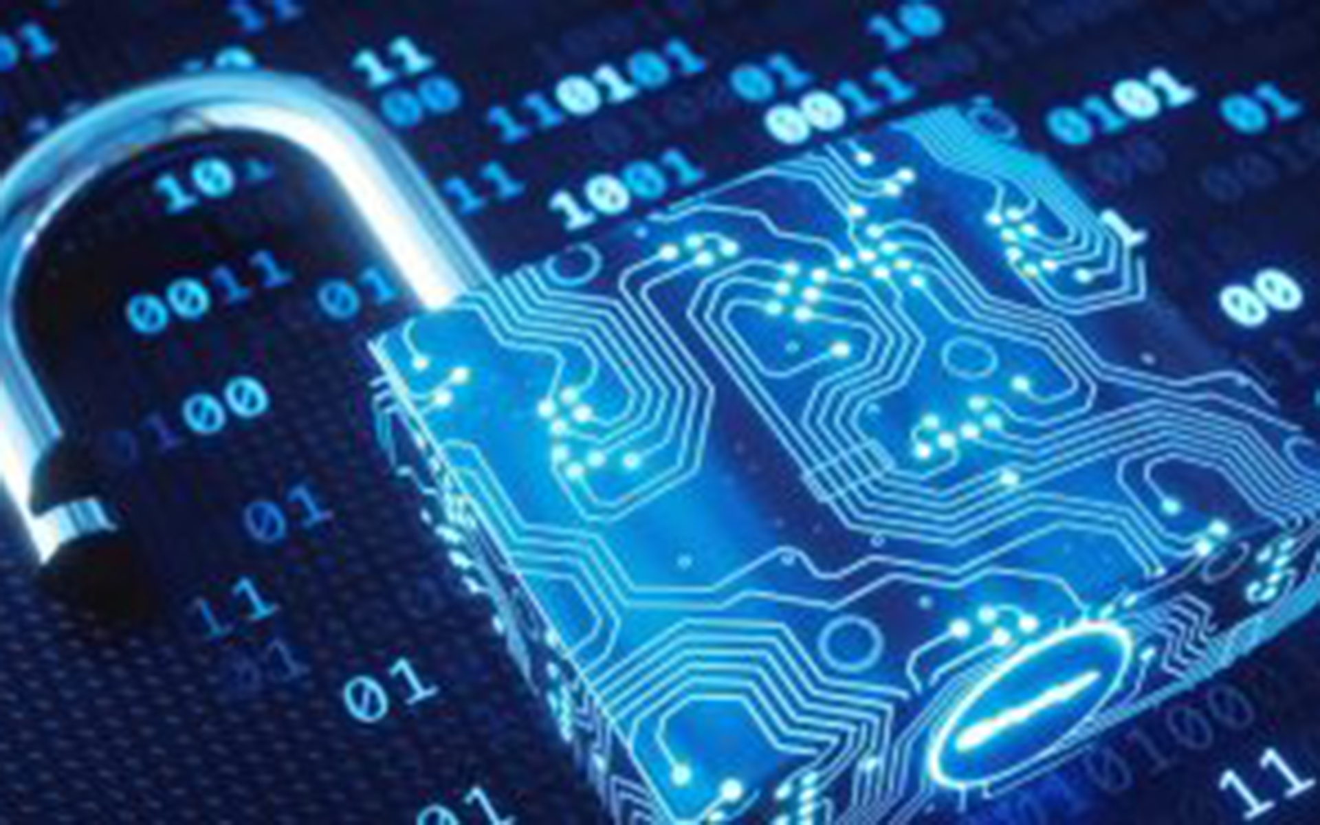 Un cadenas de sécurité bleu avec des données numériques dessus est ouvert.