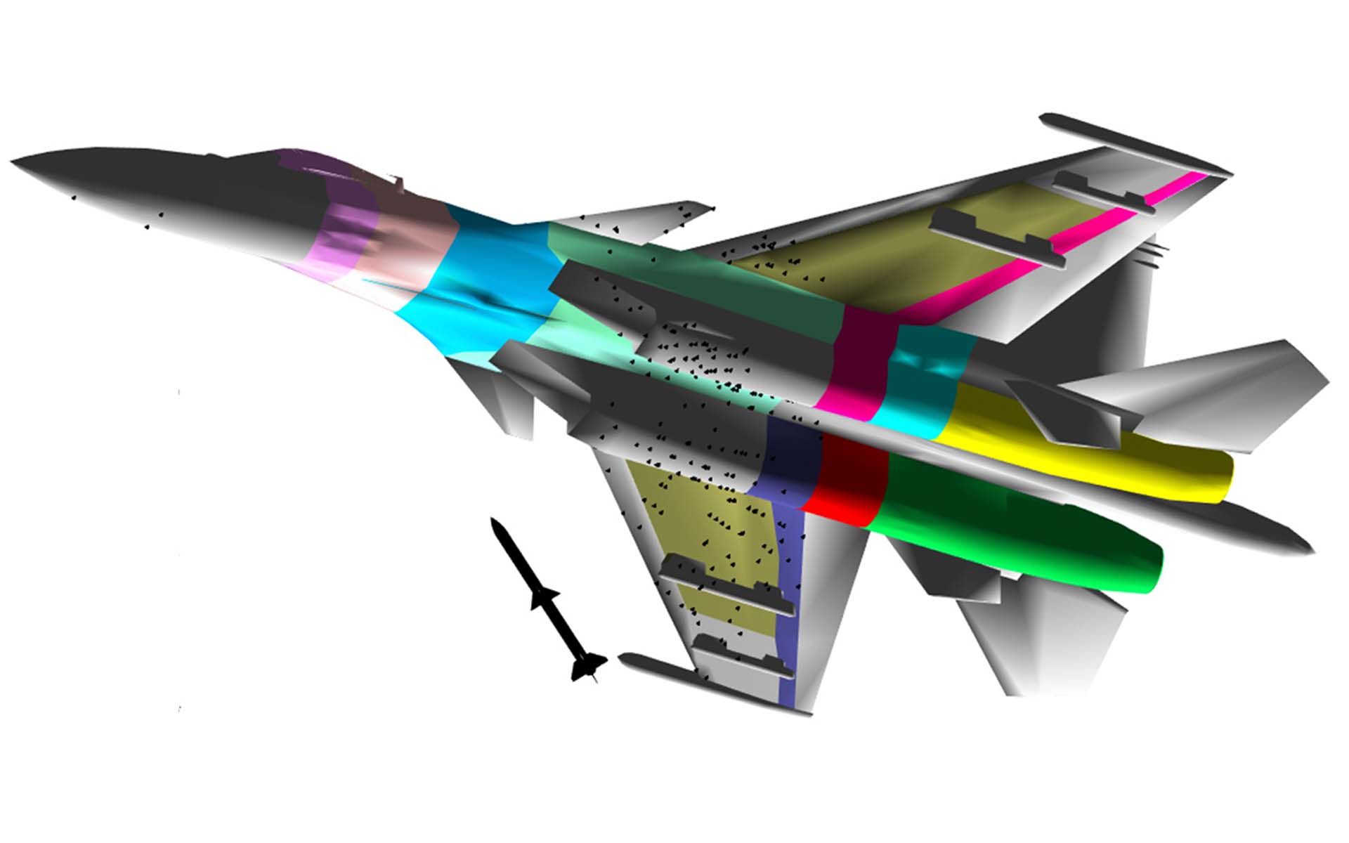 Simulation d'impacts d'armes sur un avion de combat et de leurs effets possibles sur l'avion.
