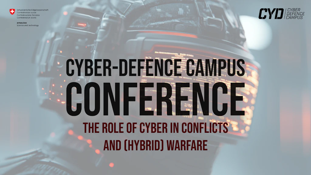 Casque d'un soldat et inscription « CYD Campus Conference – The Role of Cyber in Conflicts and (Hybrid) Warfare »
