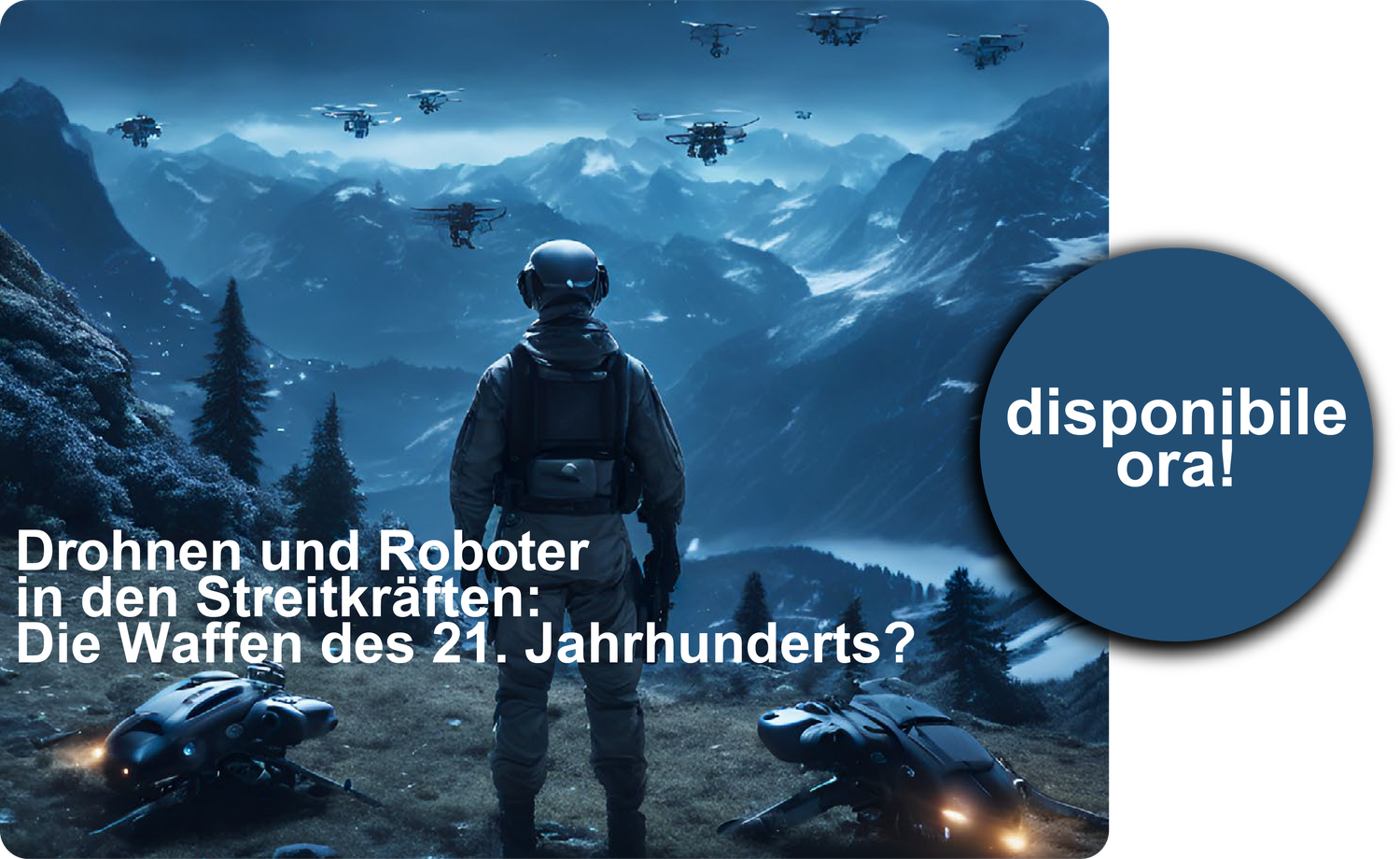 Un soldato guarda in lontananza attraverso una valle. Droni volano nella valle.